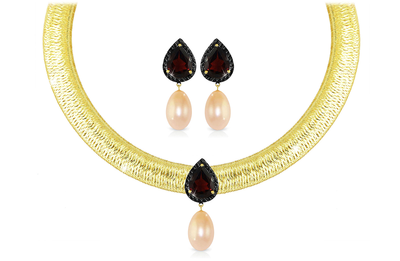 Vera Perla 18K Gold 0.36ct Black Diamonds, Garnet and 13mm Pink Pearl Jewelry Set - 2 pcs.